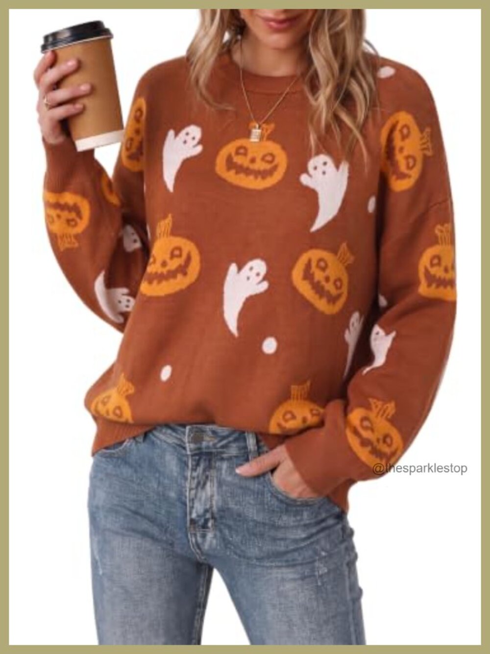 Wool Blend Oversized Crewneck Sweater Halloween Pumpkin Ghost Pullover
